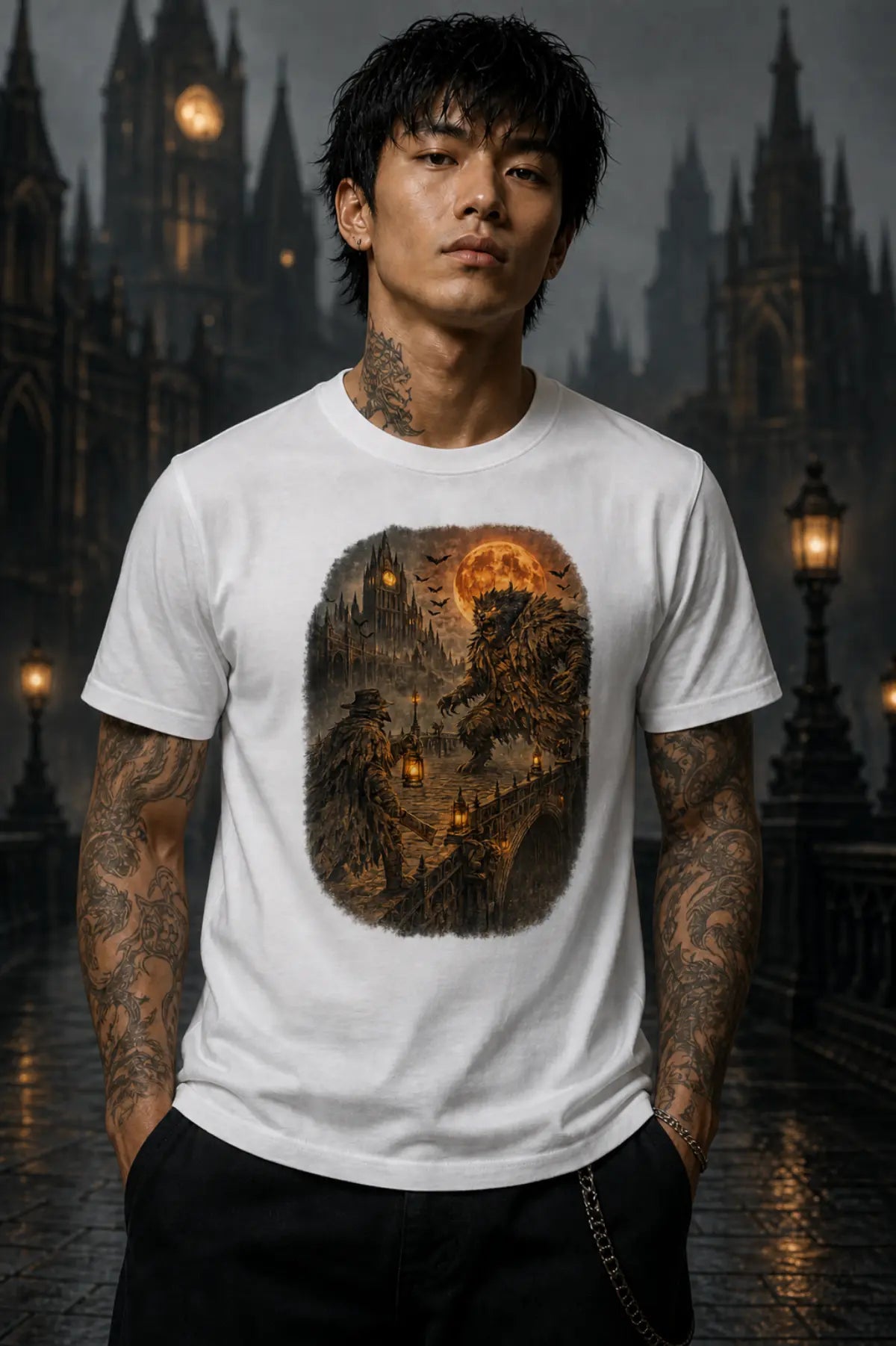 Person in white werewolf‑graphic T‑shirt standing before gothic spires and street lamps in a moody night setting