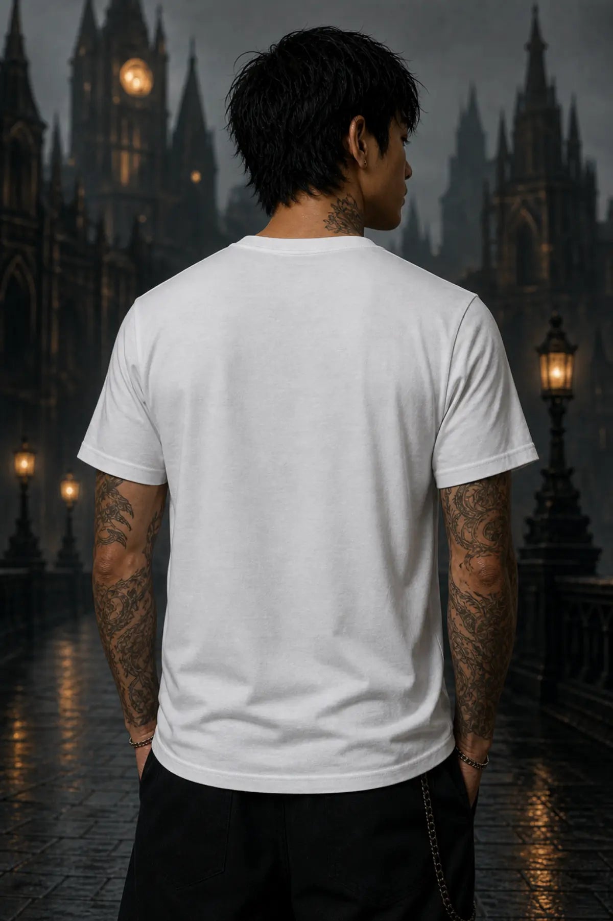 Man seen from behind in plain white T‑shirt and black pants on cobblestone street before dark gothic city with lit clock towers