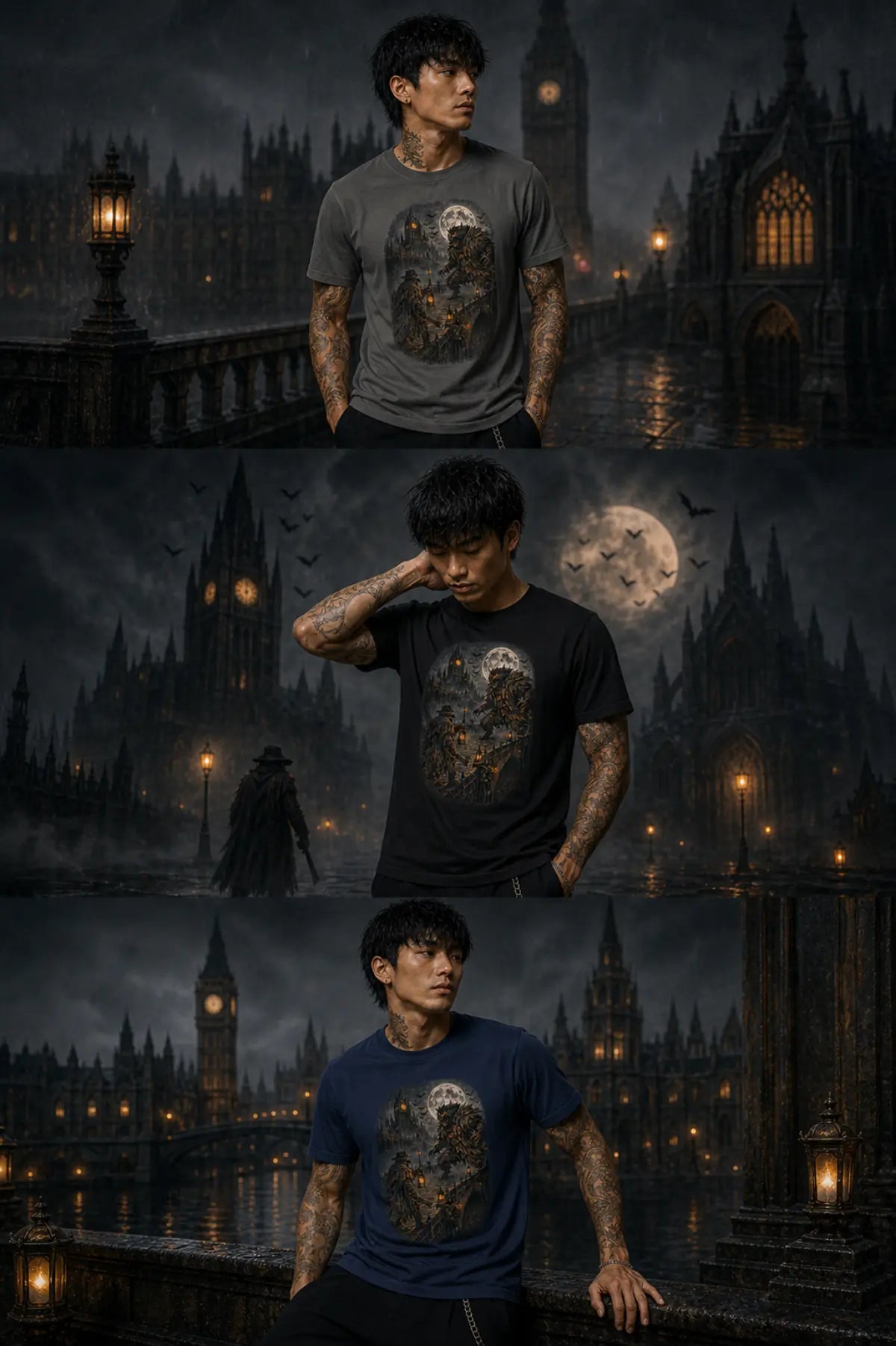 Three stacked shots of man in gray, black, and navy graphic T‑shirts set against dark gothic city with lit windows and full moon