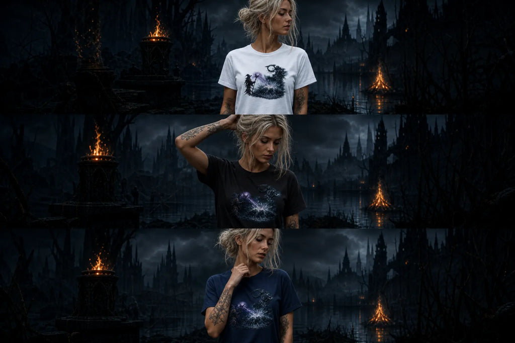 Three stacked photos of a woman modeling white, black and navy tees with a dark cosmic graphic before a gothic castle backdrop