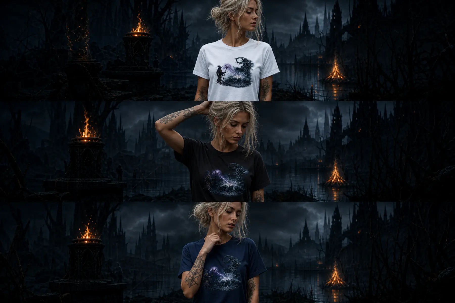 Three stacked photos of a woman modeling white, black and navy tees with a dark cosmic graphic before a gothic castle backdrop
