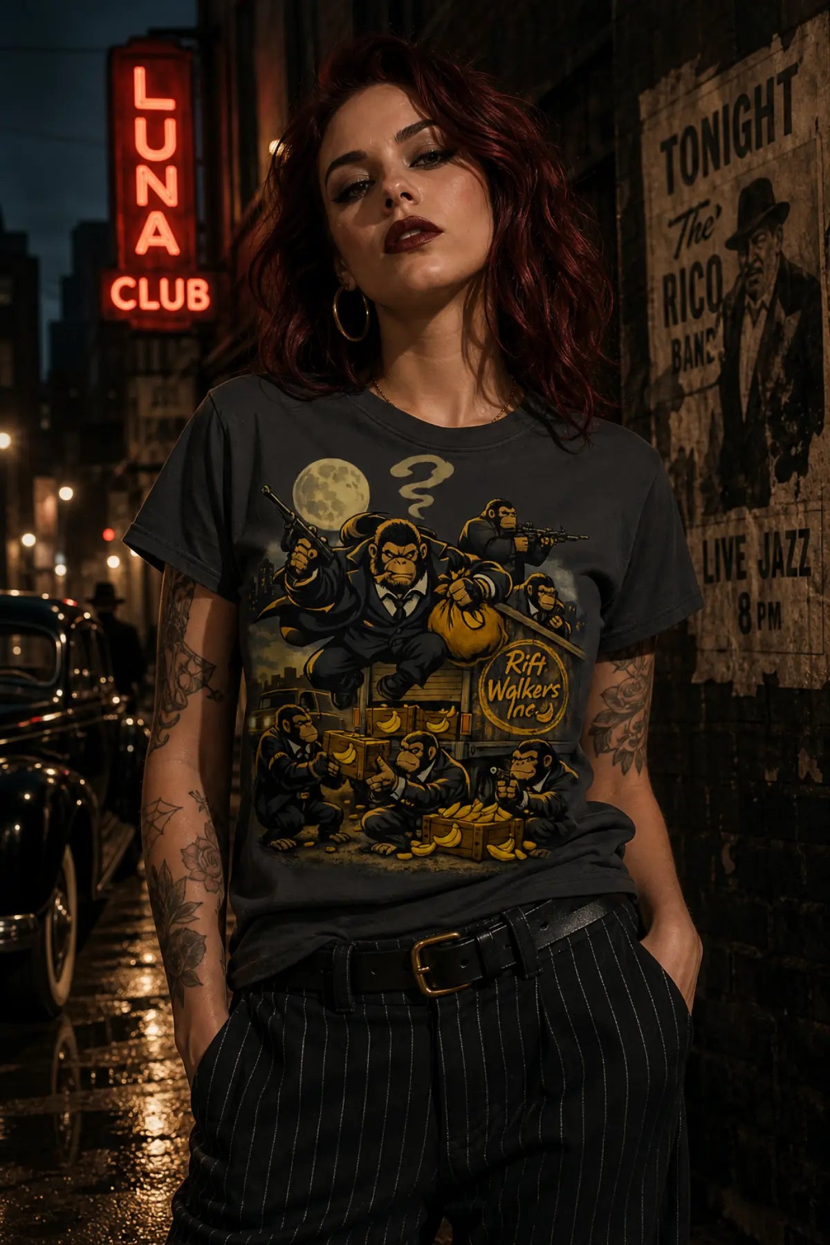 A woman stands on a night city street wearing a dark graphic T‑shirt with a vintage illustration and the text Rift Walkers Inc.