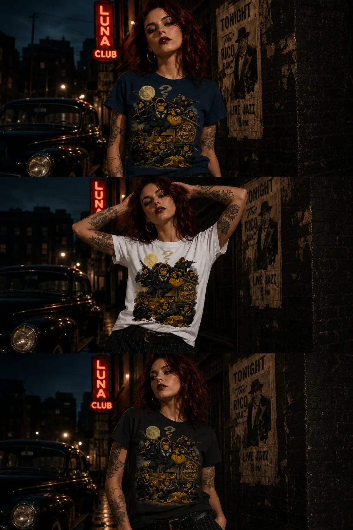 Three stacked photos of a woman with red hair wearing graphic T‑shirts in a neon mafia‑themed night street with vintage cars.