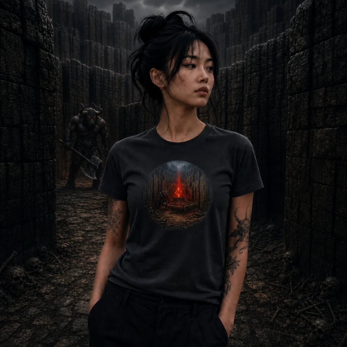 Person in black tee stands in dark stone labyrinth as horned axe‑wielding creature looms behind amid bones and shadows
