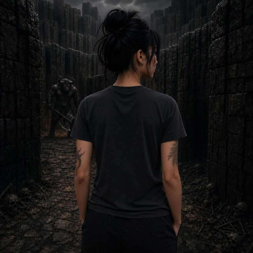 Person in black shirt stands in shadowy stone maze as horned axe‑bearing creature looms behind amid scattered skulls and bones