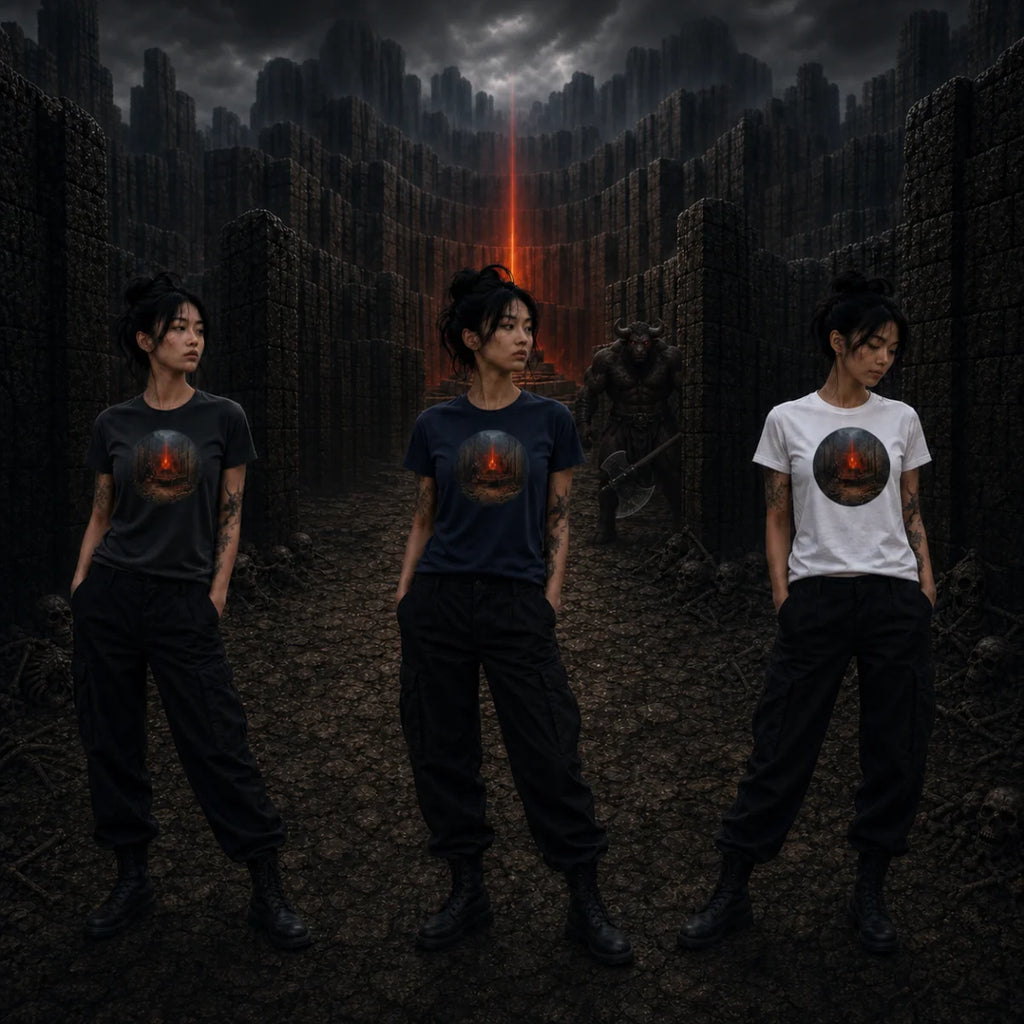 Same model in gray, navy and white tees stands in dark stone arena as horned axe‑wielder looms amid bones and red light