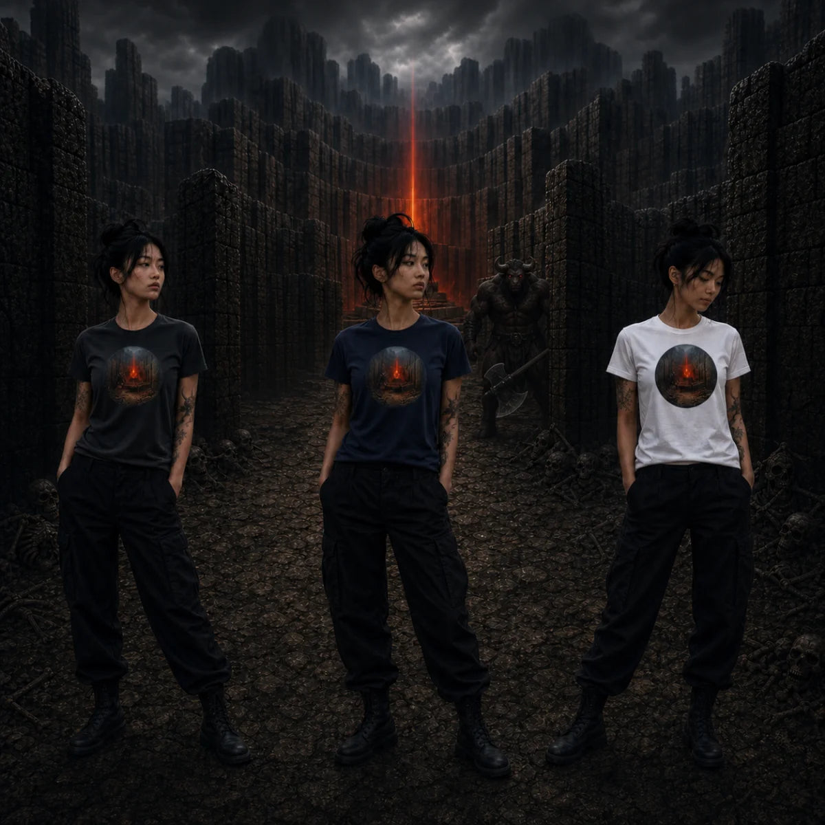 Same model in gray, navy and white tees stands in dark stone arena as horned axe‑wielder looms amid bones and red light