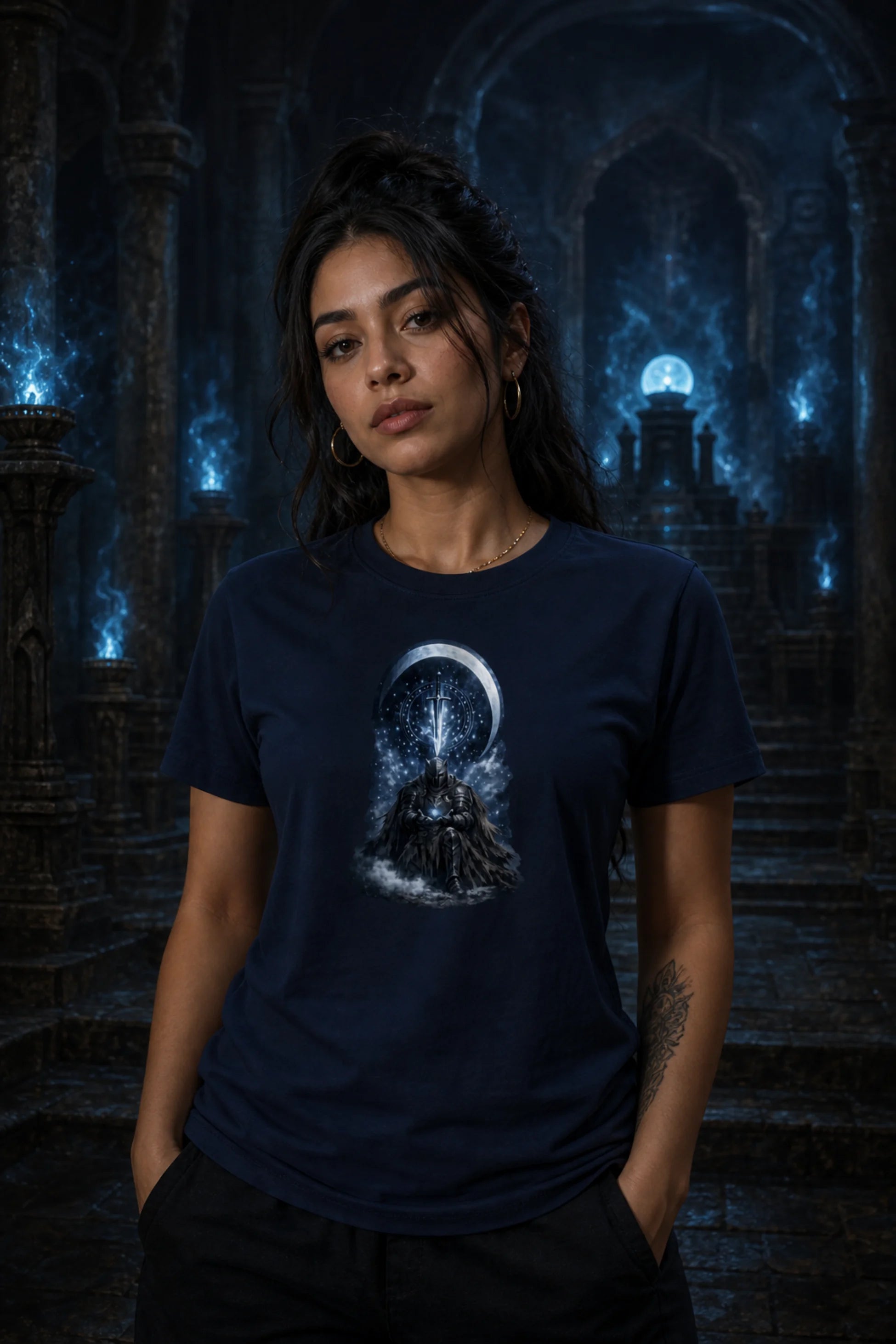 Person in a navy fantasy tee standing in a blue‑lit ancient stone hall with glowing flames, columns and a kneeling knight design