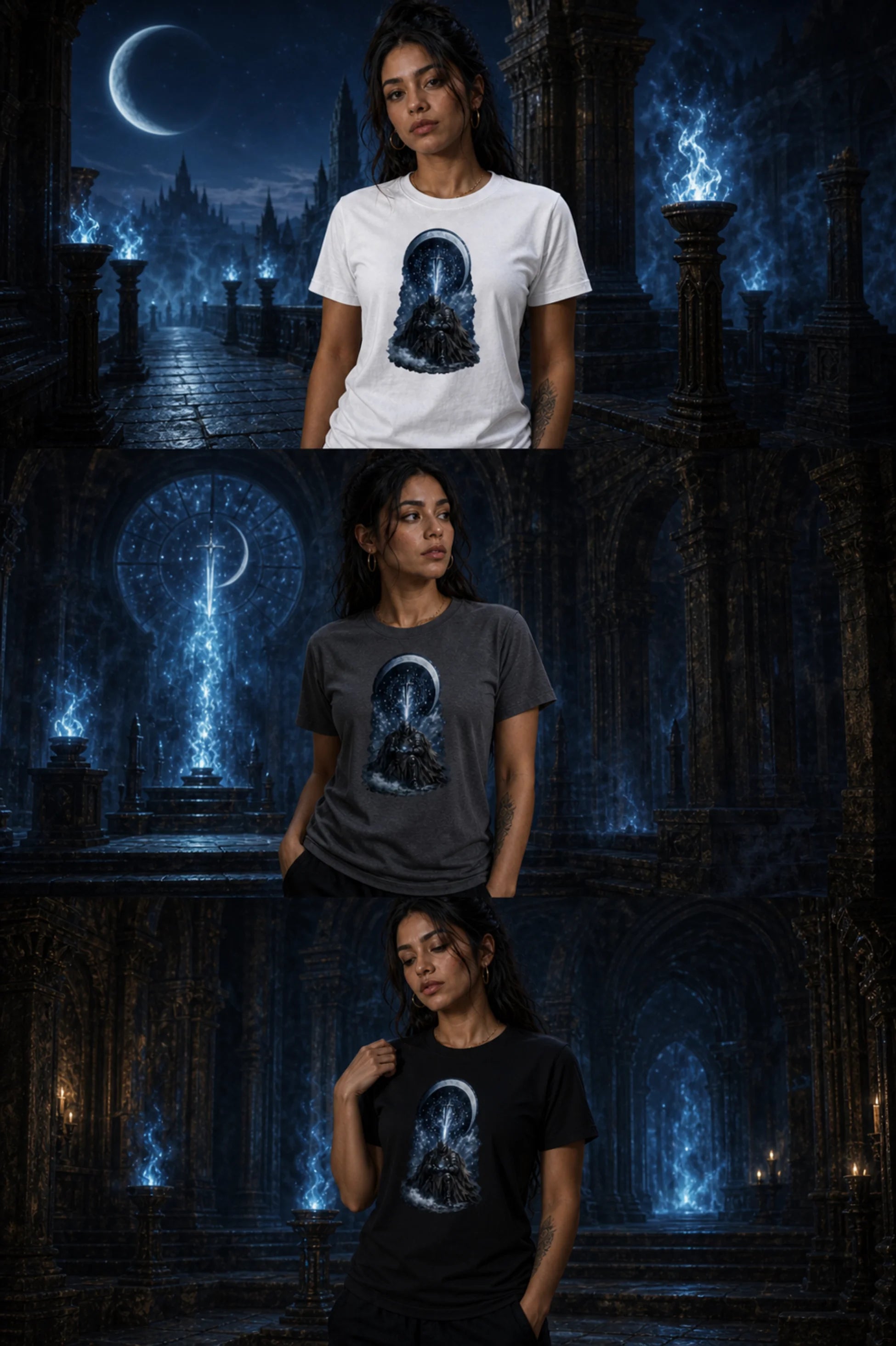 Three stacked views of a woman modeling white, gray and black fantasy tees before a blue‑lit stone hall with arches, columns and glowing flames
