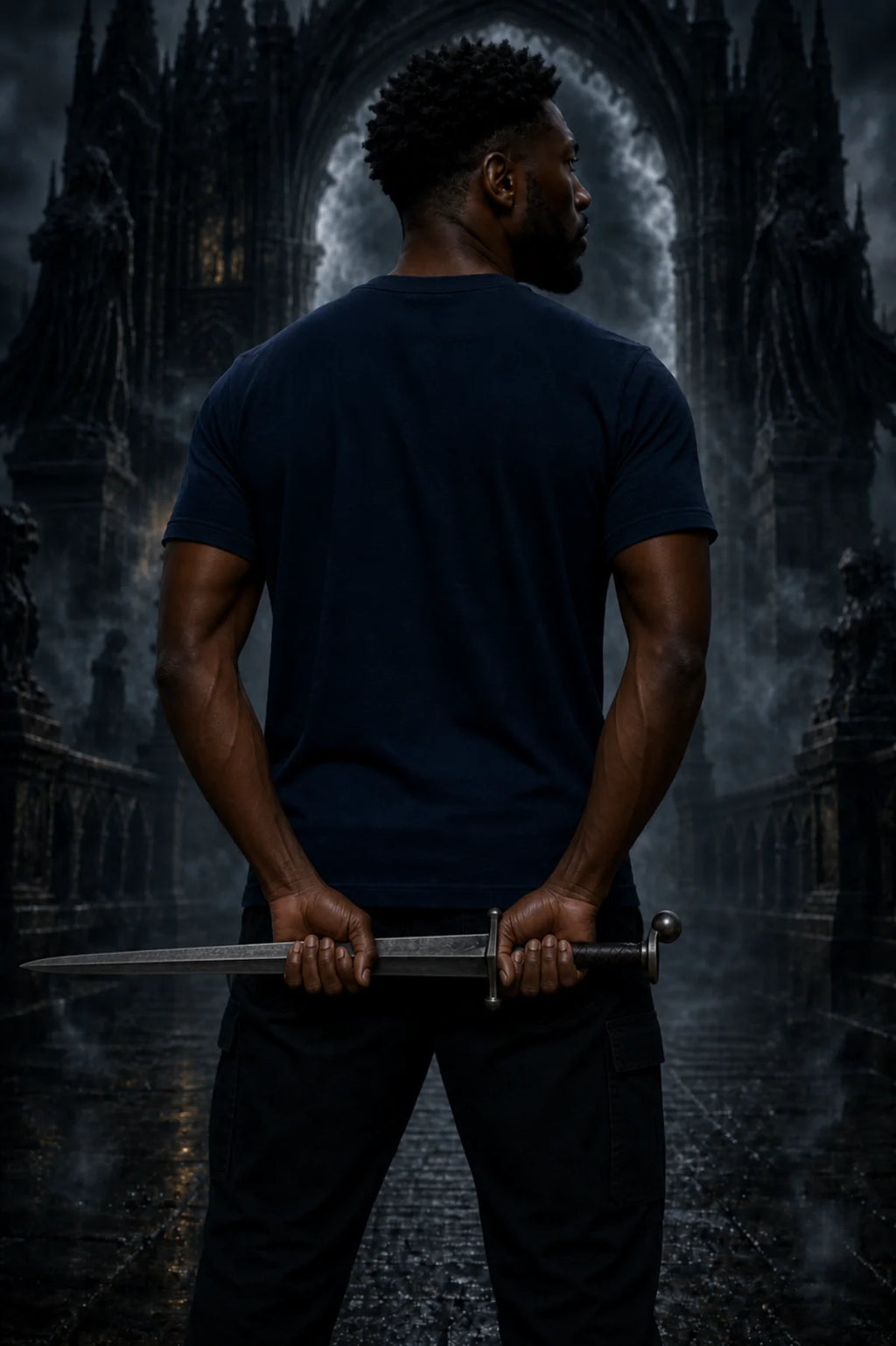 Person holding a sword behind their back while standing in a dark gothic hall filled with mist, arches and looming statues