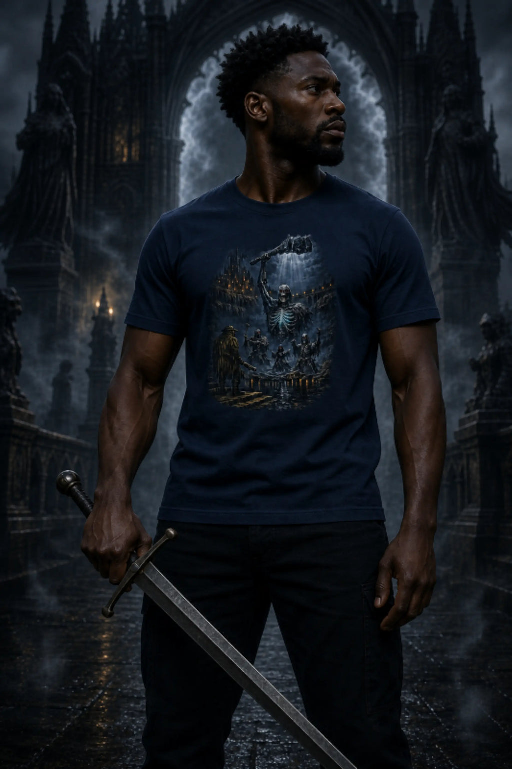 Person wearing a Necromancer dark fantasy tee before a gothic cathedral with moody sky and dramatic atmosphere