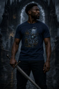 Person wearing a Necromancer dark fantasy tee before a gothic cathedral with moody sky and dramatic atmosphere