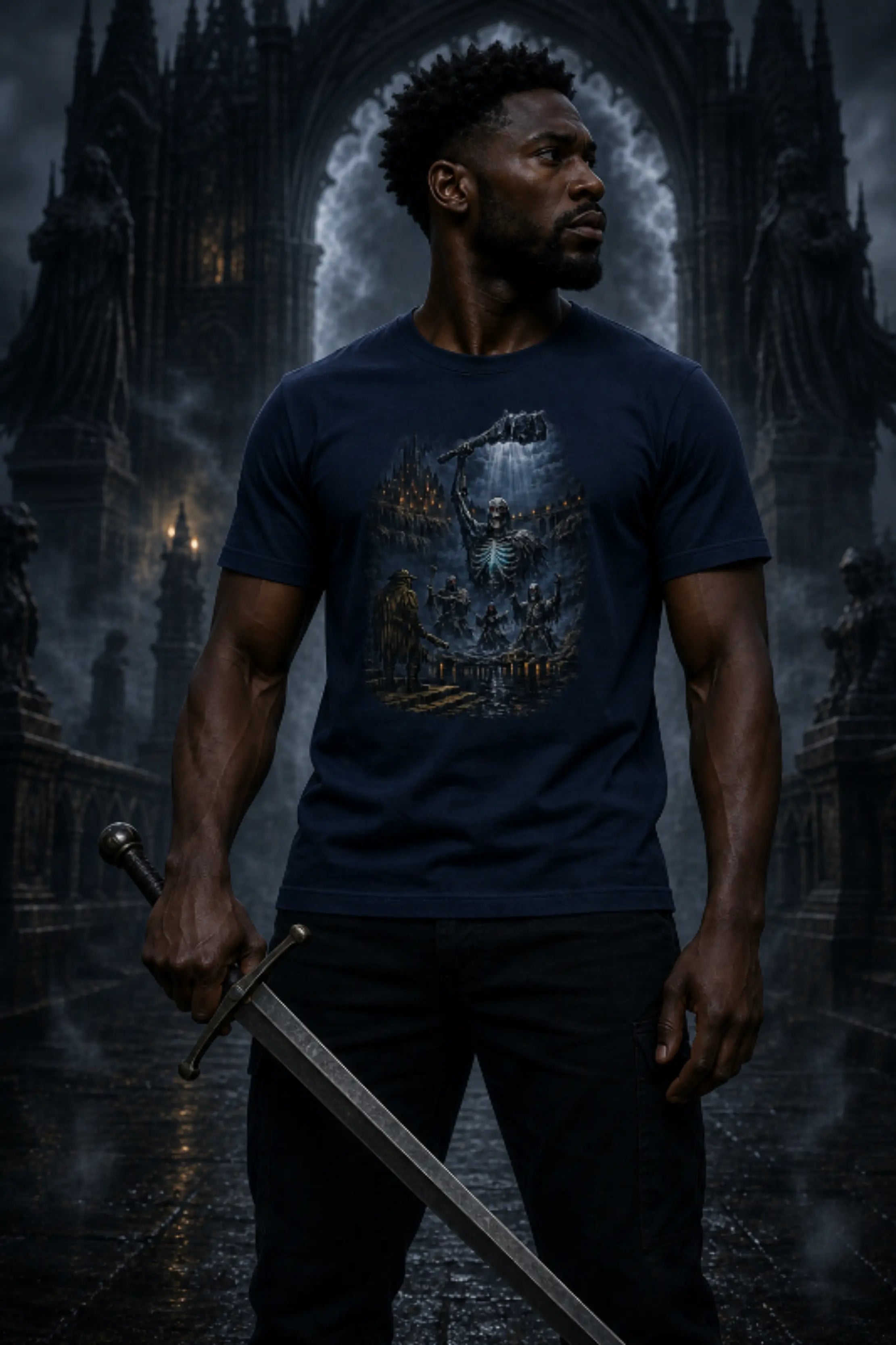 Person wearing a Necromancer dark fantasy tee before a gothic cathedral with moody sky and dramatic atmosphere