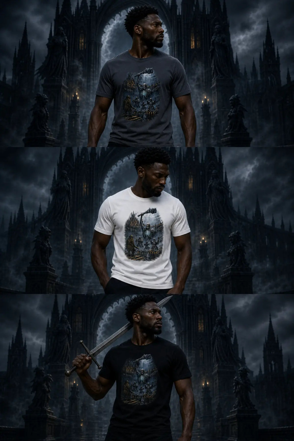 Three‑panel collage of a person wearing a Necromancer dark fantasy tee before a gothic cathedral with moody sky and dramatic atmosphere