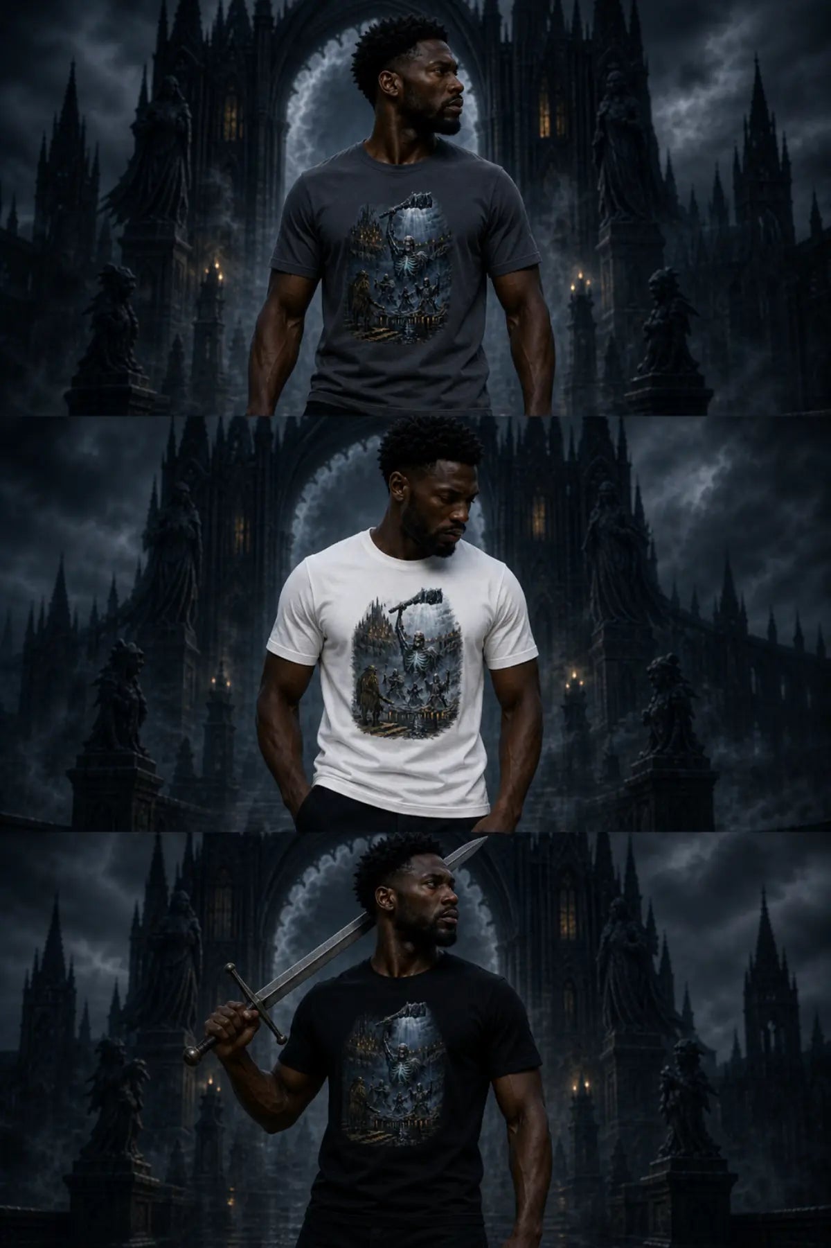 Three‑panel collage of a person wearing a Necromancer dark fantasy tee before a gothic cathedral with moody sky and dramatic atmosphere