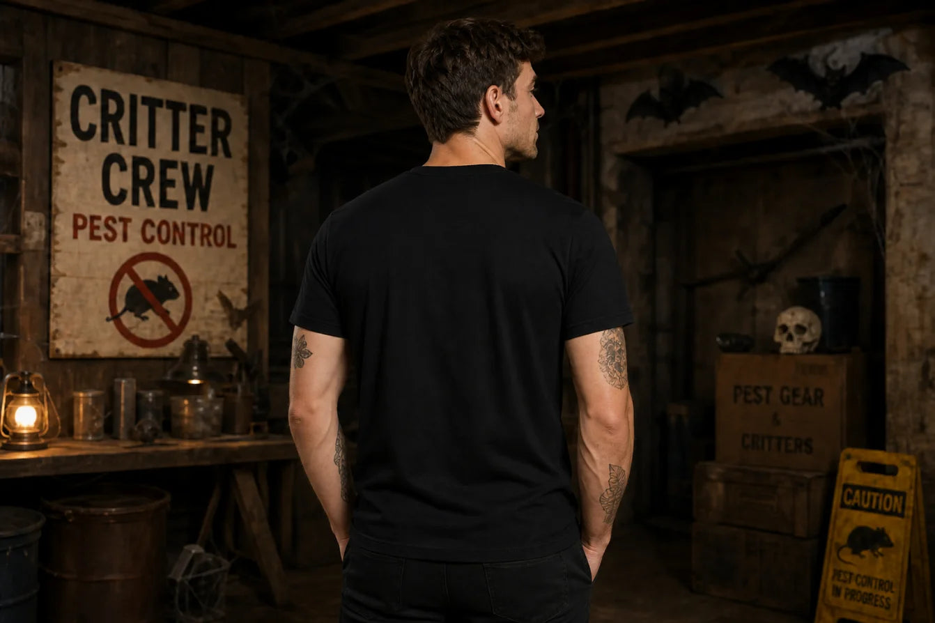 A man in a black T‑shirt stands with his back to a dim rustic pest workshop with a Critter Crew sign, caution sign and spooky props.