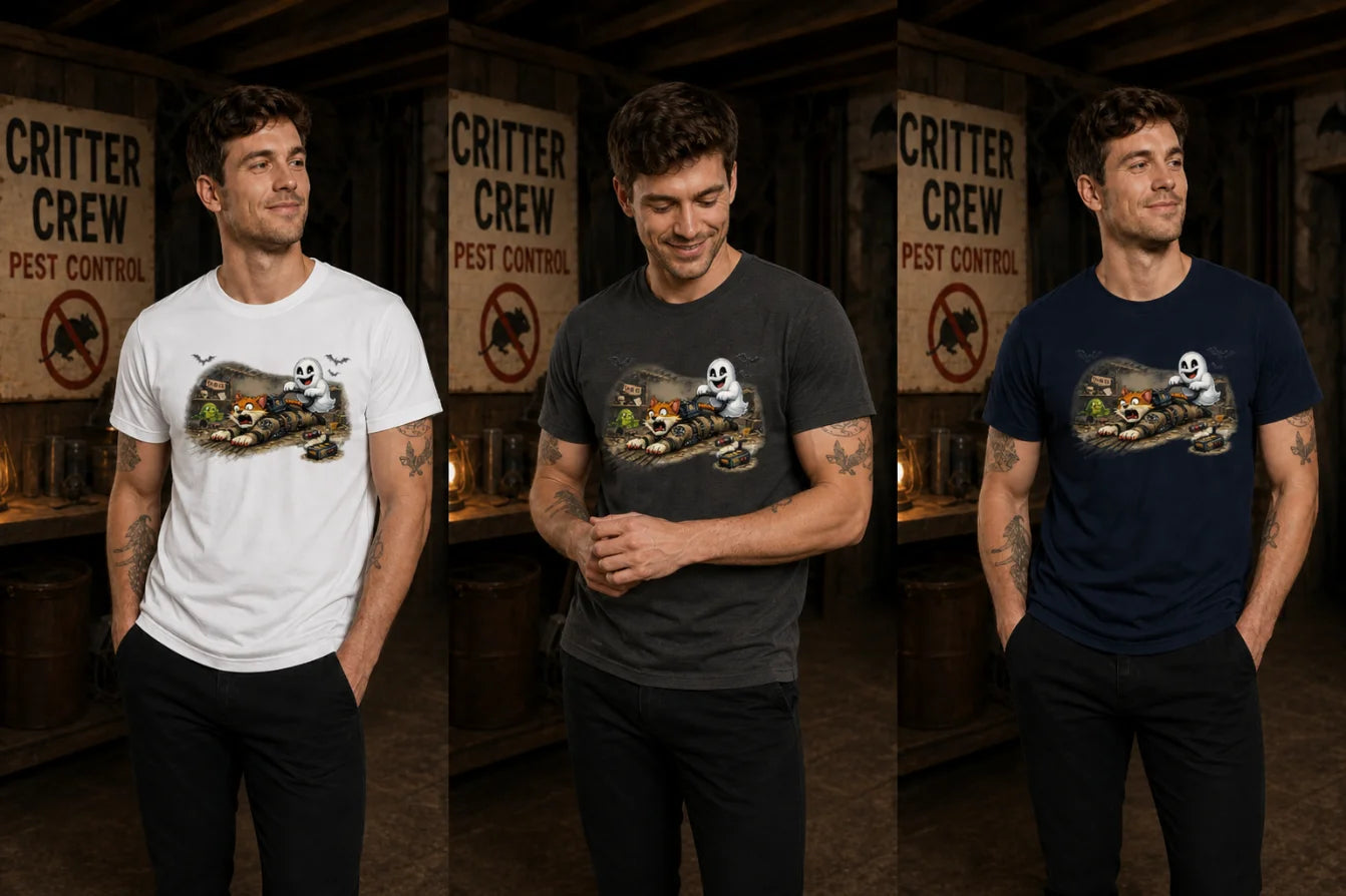 Three stacked photos of the same man wearing white, dark gray and navy skull‑mosquito graphic T‑shirts in a rustic pest warehouse.