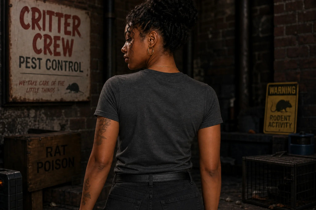 A woman in a dark charcoal T‑shirt stands with her back to a dim industrial room with brick walls and vintage pest control signs.
