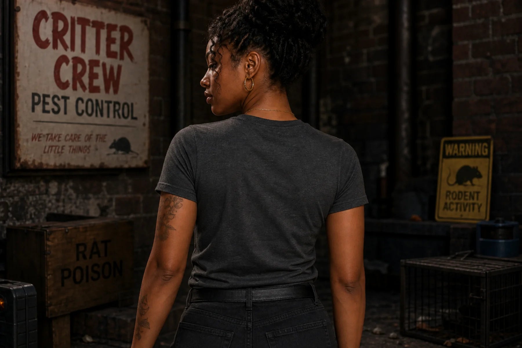 A woman in a dark charcoal T‑shirt stands with her back to a dim industrial room with brick walls and vintage pest control signs.