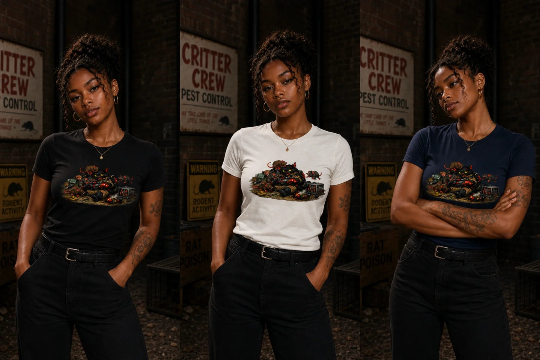 Three stacked photos of the same woman modeling cat‑on‑first‑day graphic T‑shirts in a dark rustic room with vintage pest signs.