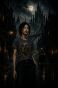 Person in dark gothic street wearing a fantasy shirt with lantern figure, moonlit spires and carriage in the misty background