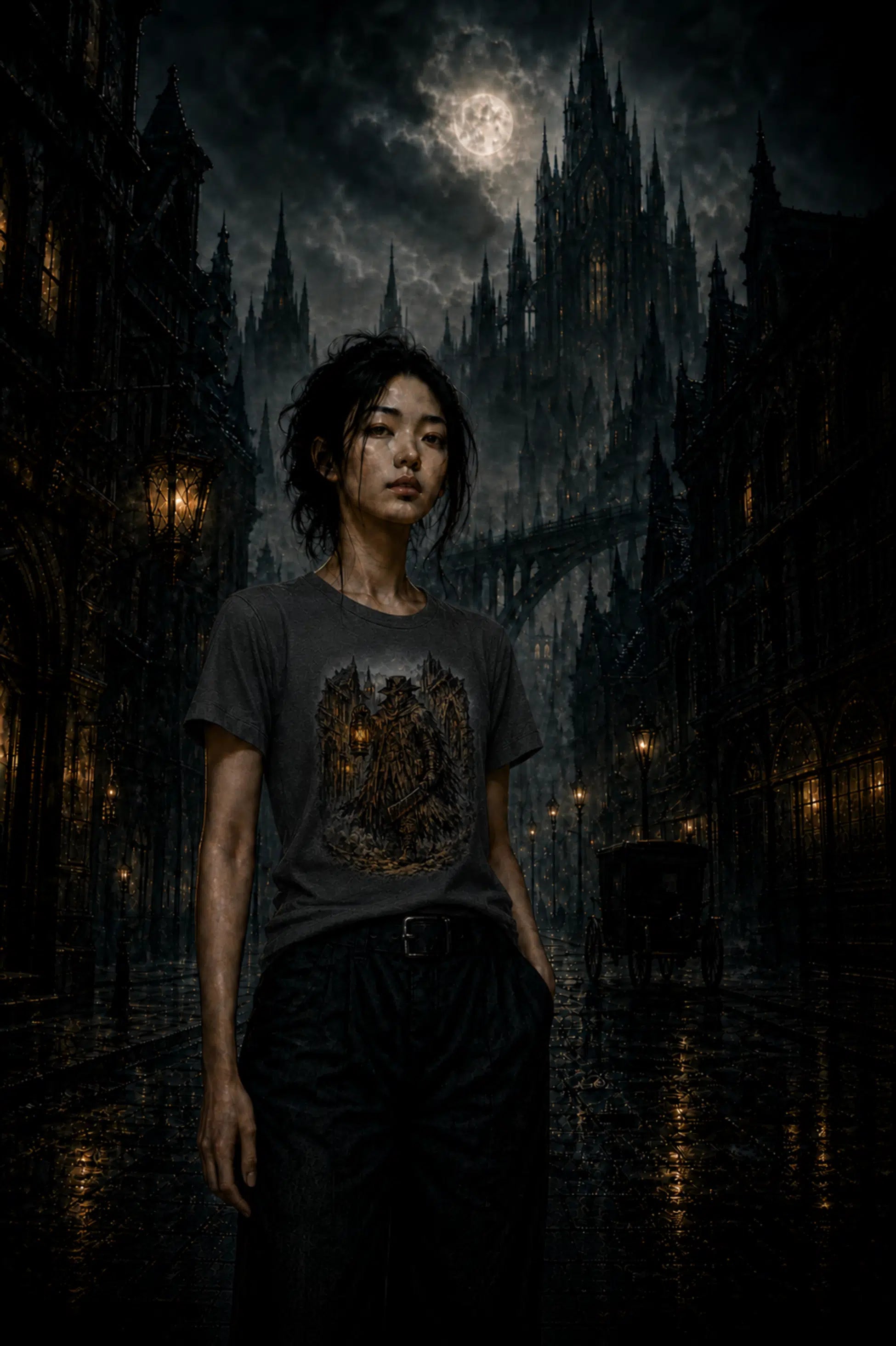 Person in dark gothic street wearing a fantasy shirt with lantern figure, moonlit spires and carriage in the misty background