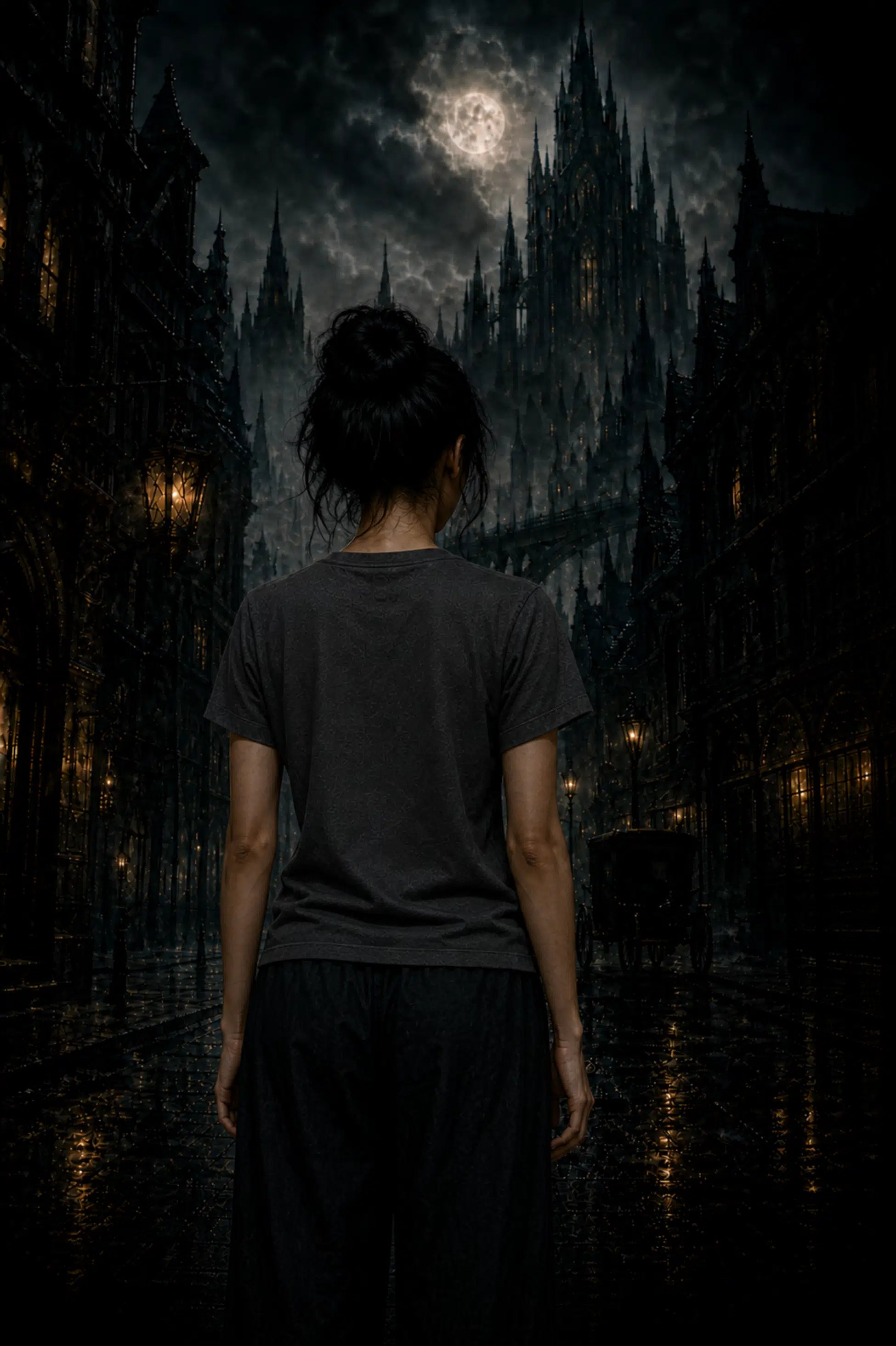 Person seen from behind in dark gothic moonlit street wearing dark gray t‑shirt and black pants at night