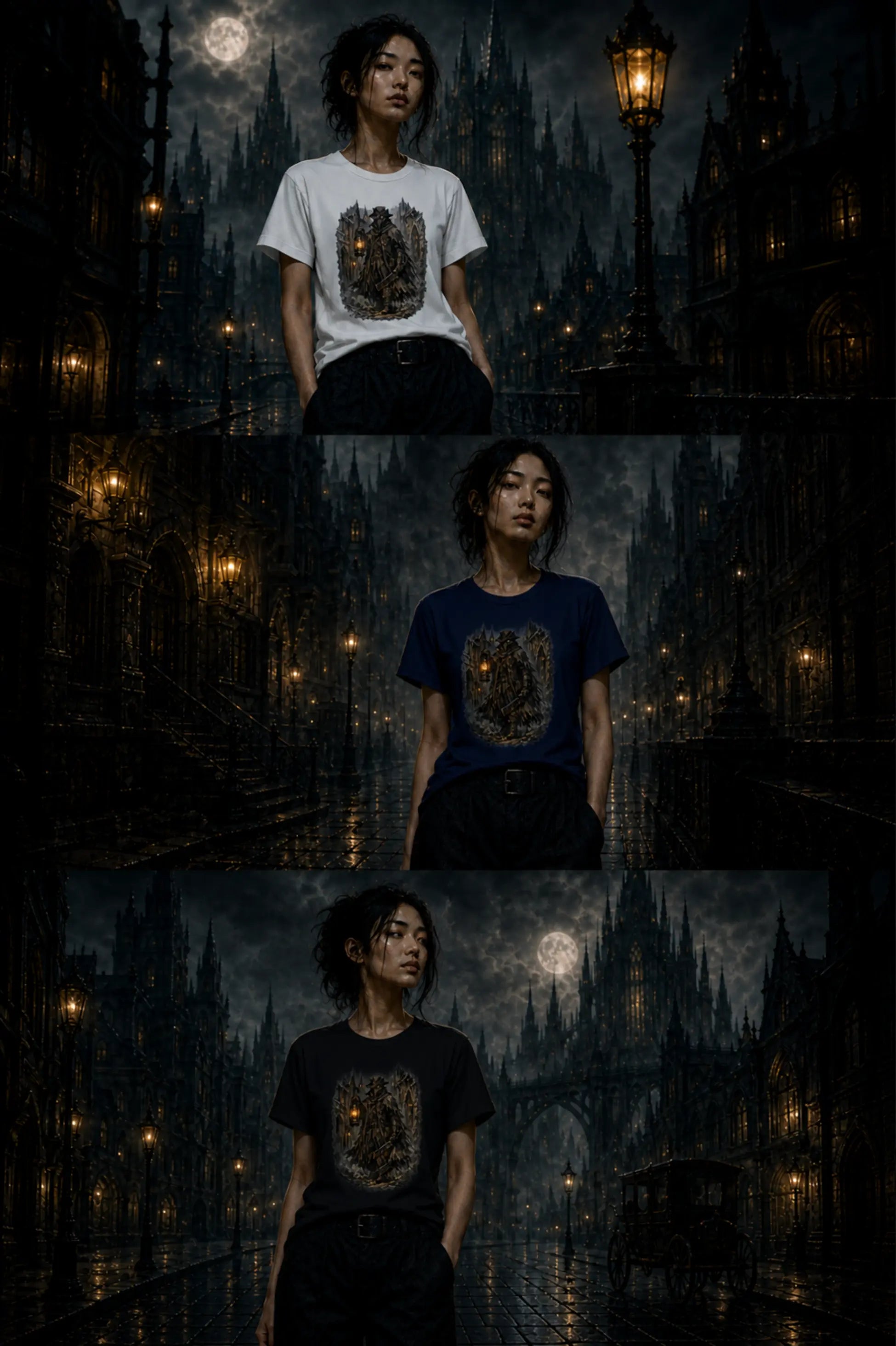 Three stacked lifestyle shots showing white, navy, and black crest‑graphic T‑shirts worn in a dark gothic night city scene