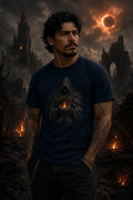 Person in dark shirt with flame graphic standing amid burning ruins under fiery eclipse in smoky apocalyptic atmosphere