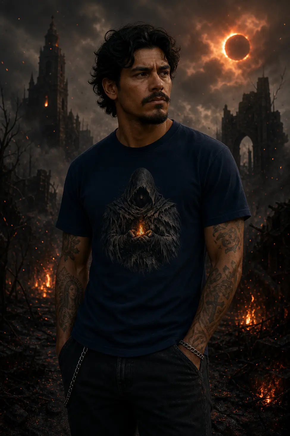 Person in dark shirt with flame graphic standing amid burning ruins under fiery eclipse in smoky apocalyptic atmosphere