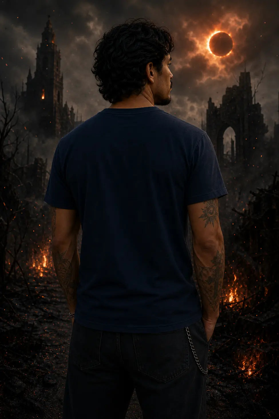 Person seen from behind in dark apocalyptic ruins under fiery eclipse wearing dark blue shirt and chain‑detailed pants