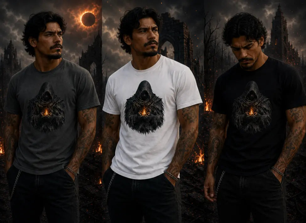 Gray, white, and black flame‑hood graphic T‑shirts shown side‑by‑side before burning gothic ruins under a red eclipse
