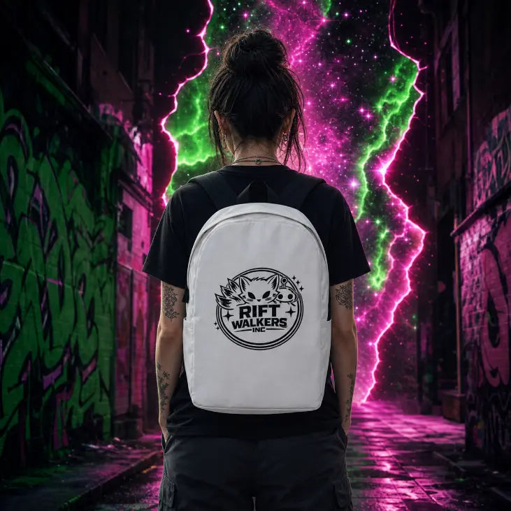 Person in graffiti alley wearing a white backpack with Rift Walkers Inc fox emblem as a glowing neon rift bursts open ahead