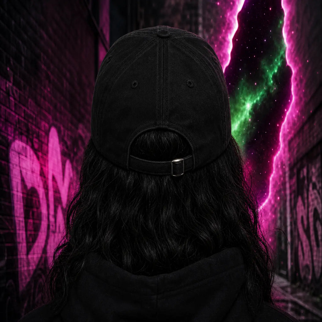 Person seen from behind in black cap and hoodie standing in dark graffiti alley with neon pink‑green lightning effects