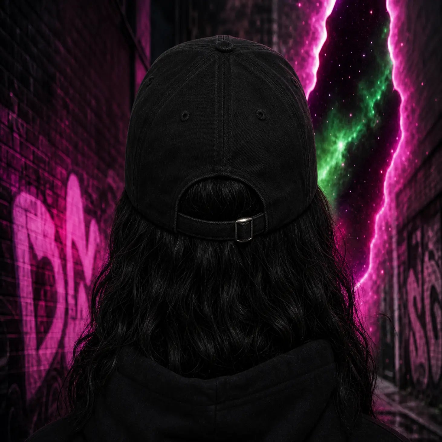 Person seen from behind in black cap and hoodie standing in dark graffiti alley with neon pink‑green lightning effects