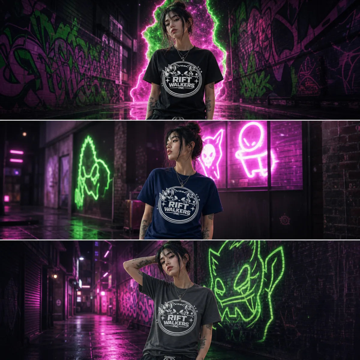 Three‑panel collage of a person wearing a Rift Walkers graphic tee in a neon graffiti alley with dramatic dark urban lighting