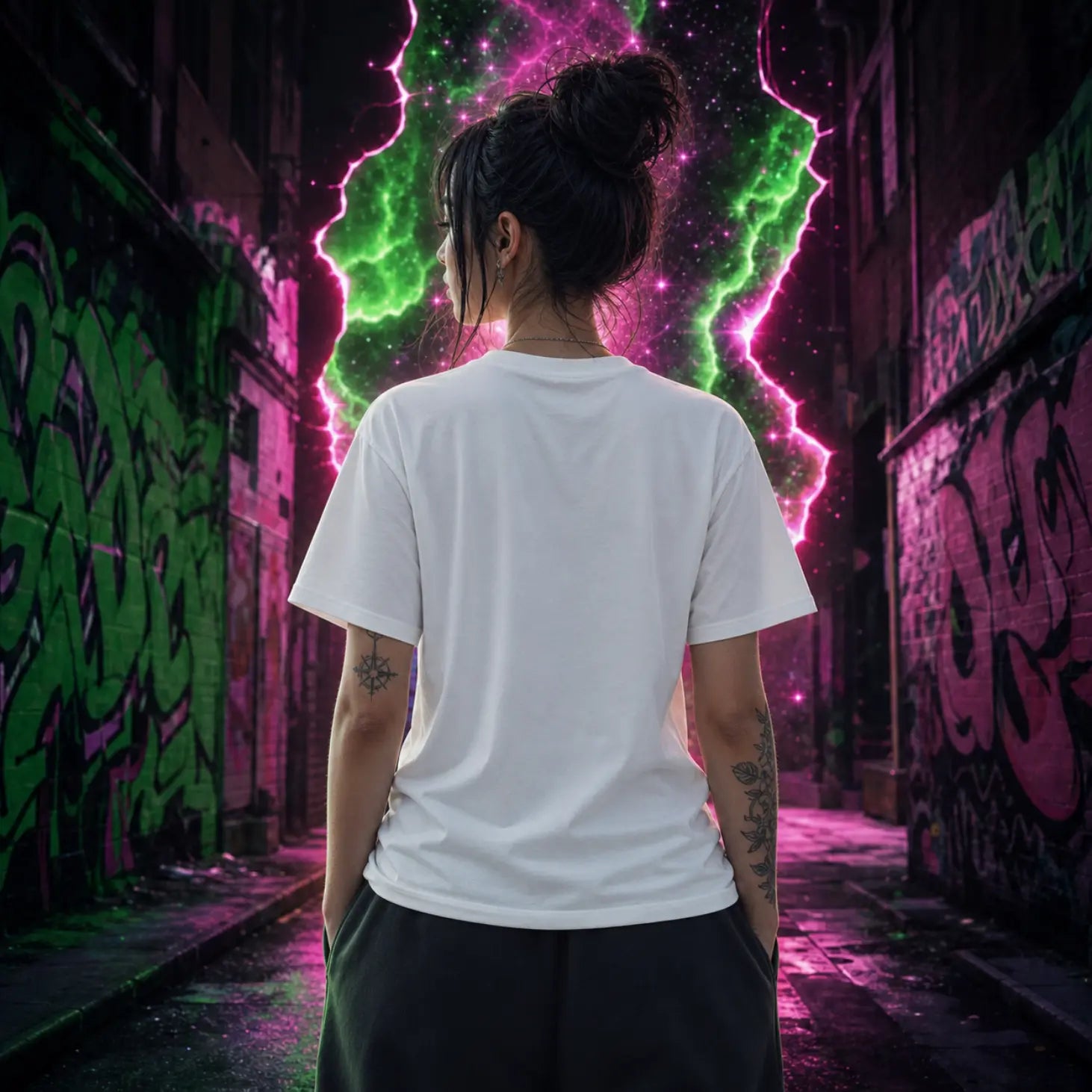 Person seen from behind in plain white tee and dark pants standing in neon pink‑green graffiti alley with glowing light effects