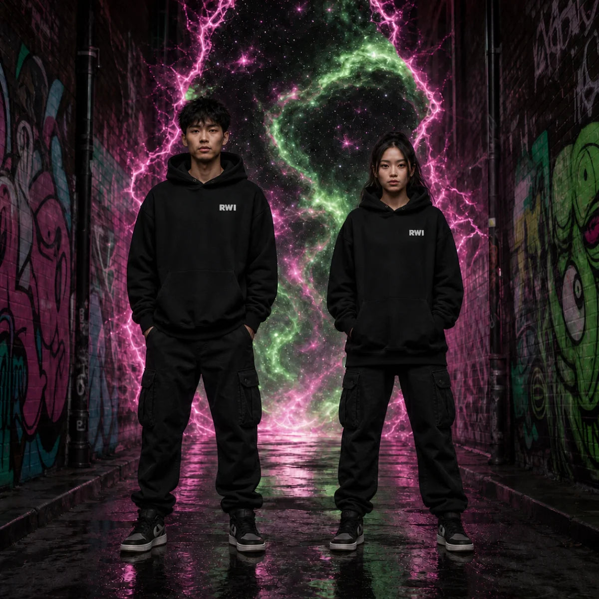 Two models in matching black hoodies and cargo pants standing in graffiti alley before glowing pink‑green cosmic tunnel