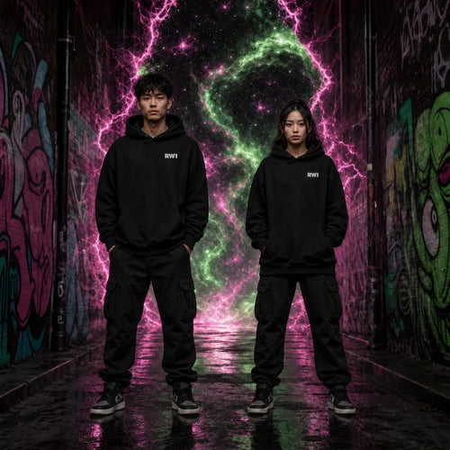 Two models in matching black hoodies and cargo pants standing in graffiti alley before glowing pink‑green cosmic tunnel