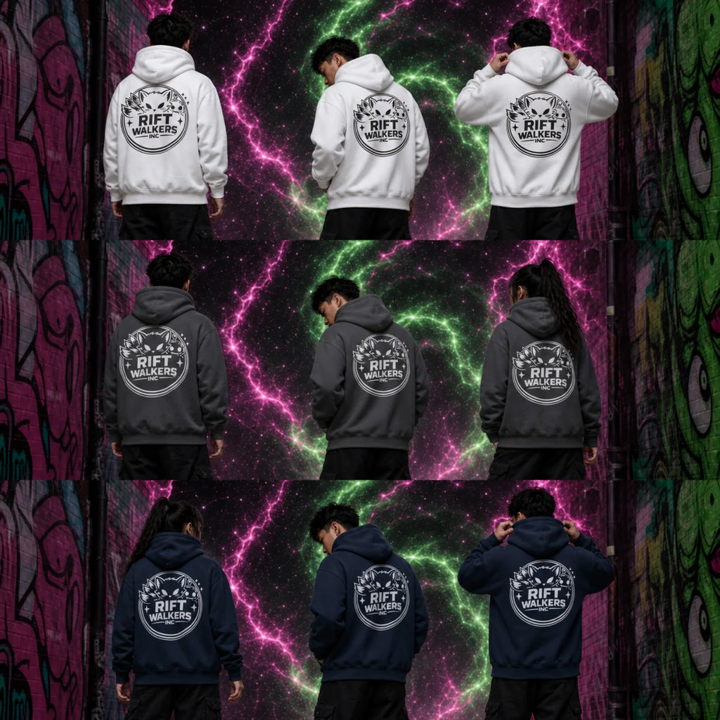 3x3 grid of two people wearing white, gray and navy Rift Walkers Inc hoodies in graffiti alley with glowing cosmic energy