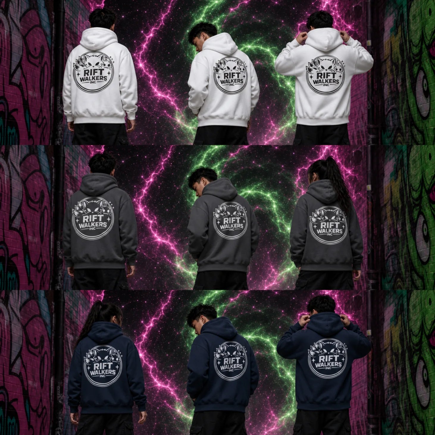 3x3 grid of two people wearing white, gray and navy Rift Walkers Inc hoodies in graffiti alley with glowing cosmic energy
