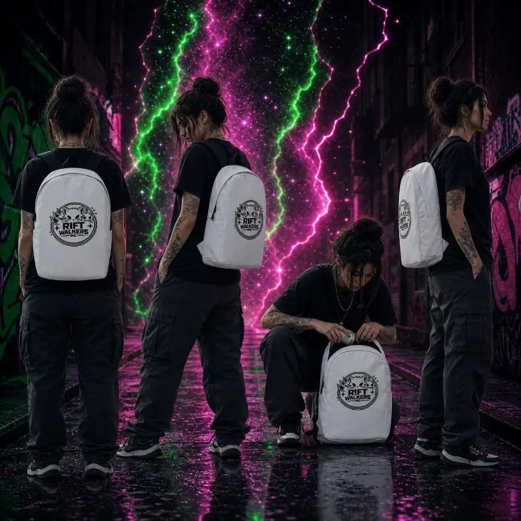 Four views of a person in a graffiti alley wearing a white Rift Walkers backpack as a glowing neon rift bursts open behind them