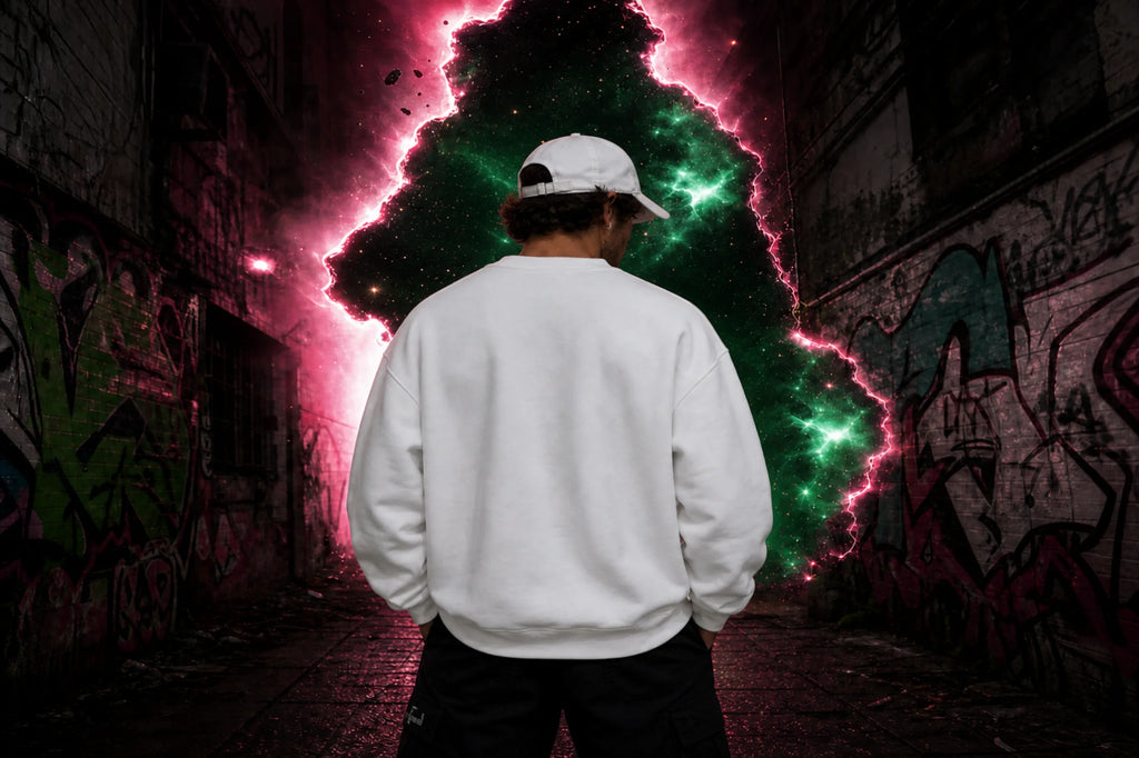 Person seen from behind in white sweatshirt and cap standing in dark graffiti alley before glowing green‑pink energy portal