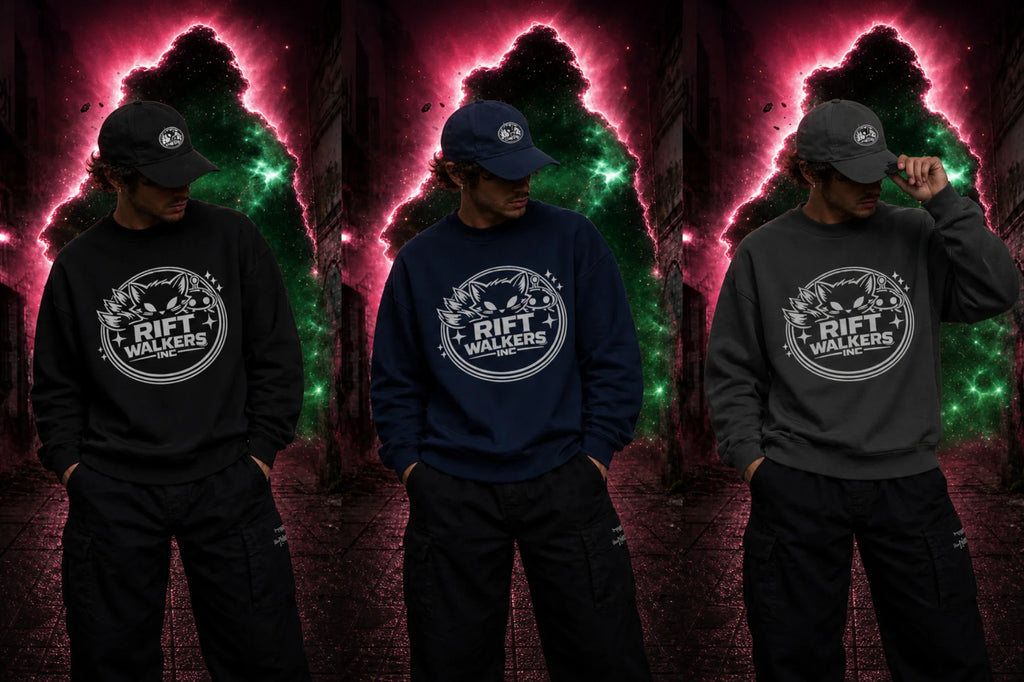 Three models in black, navy and gray RIFT WALKERS sweatshirts with caps and cargo pants before glowing green‑pink sci‑fi nebulae