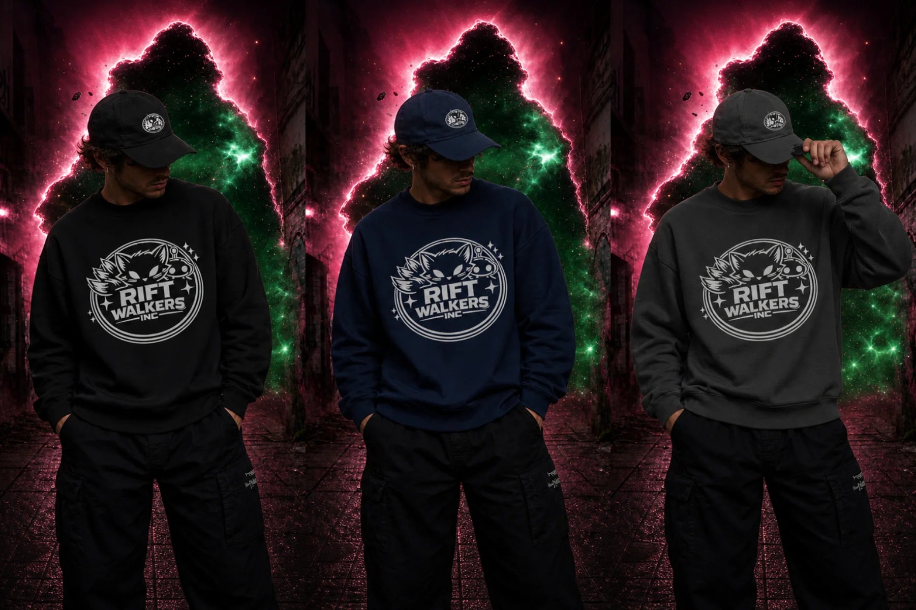 Three models in black, navy and gray RIFT WALKERS sweatshirts with caps and cargo pants before glowing green‑pink sci‑fi nebulae