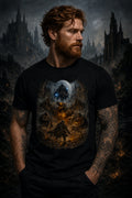 Red‑haired man in a black fantasy tee standing before dark gothic towers under a moonlit sky with mist and looming statues