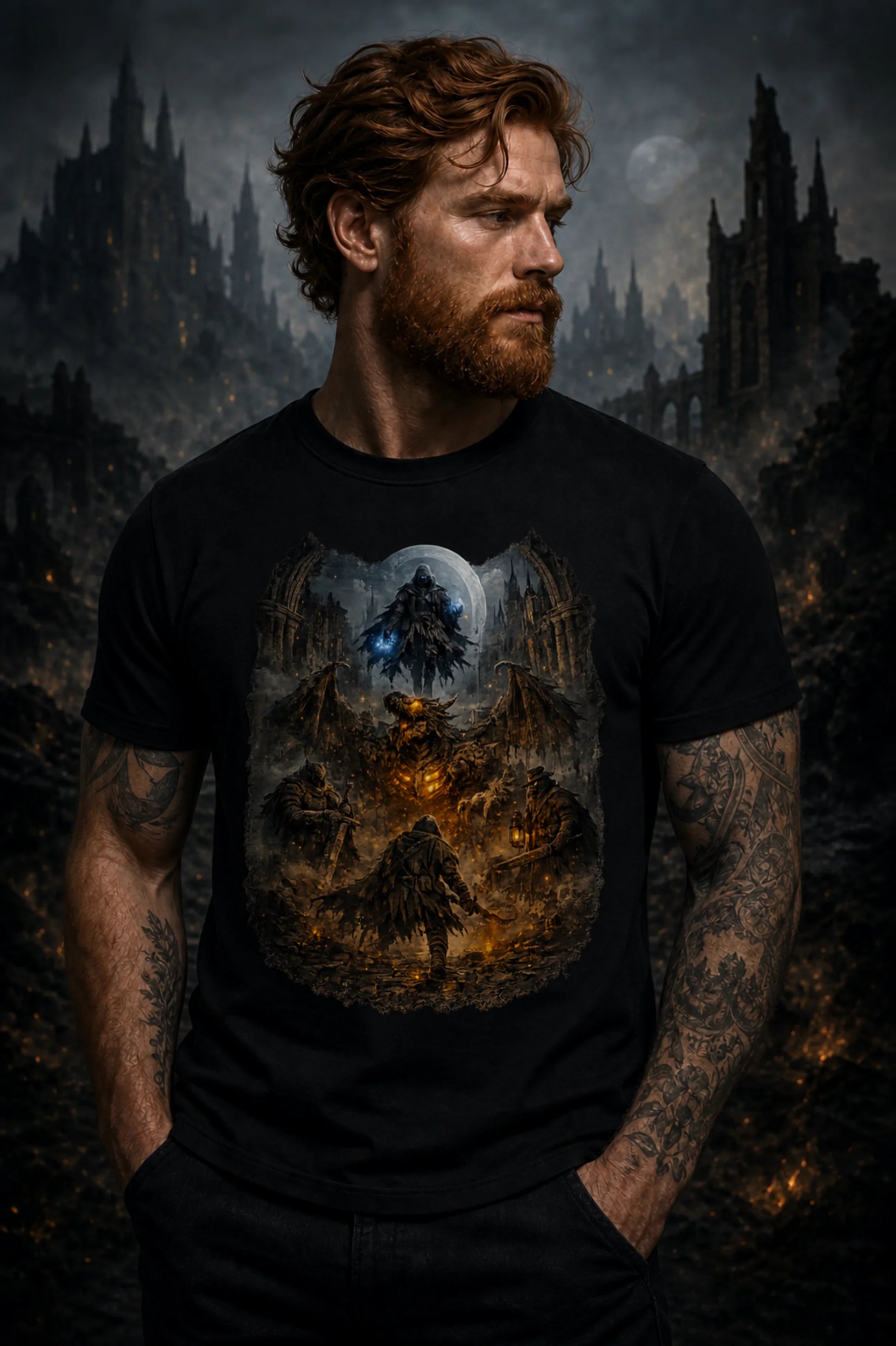 Red‑haired man in a black fantasy tee standing before dark gothic towers under a moonlit sky with mist and looming statues