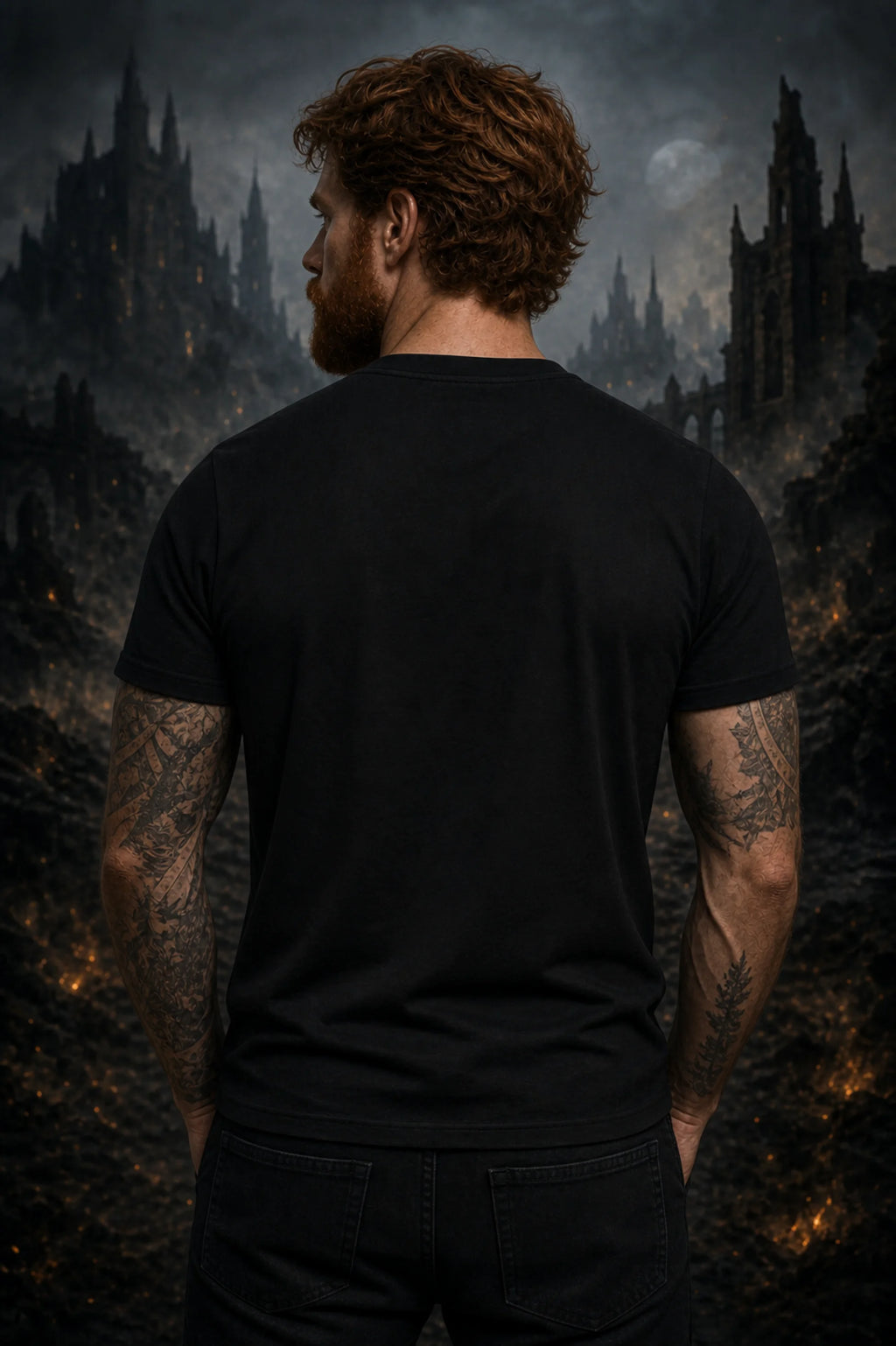 Man with red hair and tattoos seen from behind in a plain black tee before gothic castle silhouettes under a bright full moon