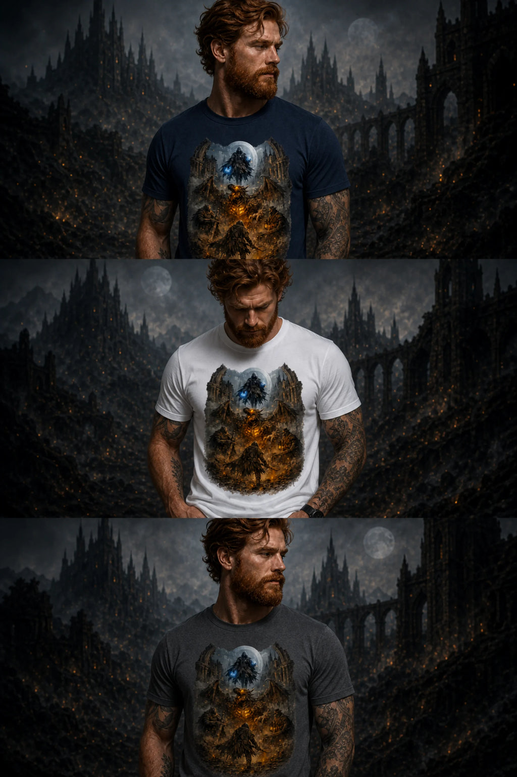 Model showing three variants of a Souls‑like graphic tee in a dark fantasy setting with moody lighting, ruins and shadows