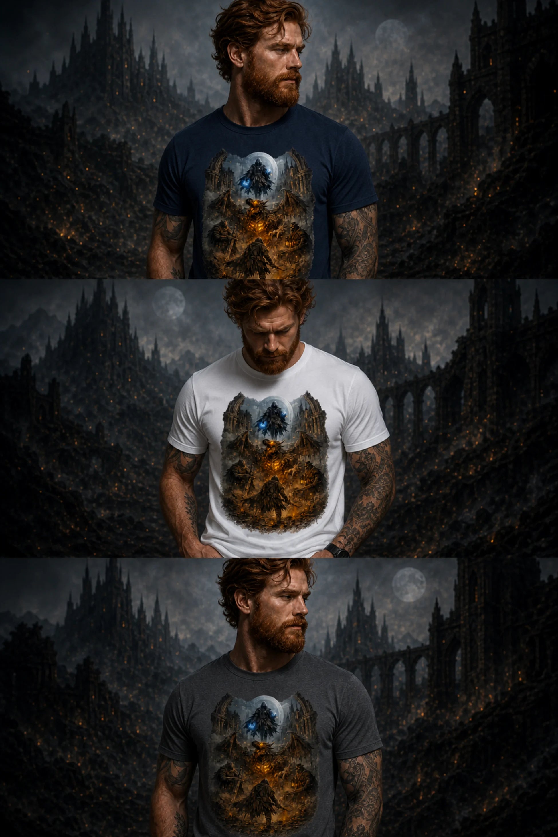 Model showing three variants of a Souls‑like graphic tee in a dark fantasy setting with moody lighting, ruins and shadows